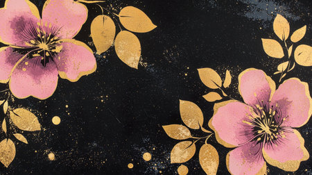 Chic abstract floral design, luxurious pink and gold flowers against a deep black canvas, perfect for stylish decor.の素材