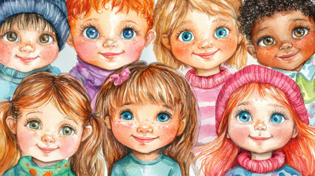 Cute and colorful watercolor set of little kids faces, radiating happiness with a soft artistic touch, isolated on a bright background.の素材