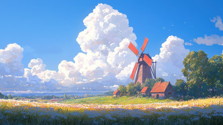 Bright summer scenery with windmills, a small cozy village, and fluffy white clouds floating in a blue skyの素材