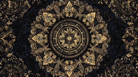 Elegant abstract background featuring intricate geometric patterns with luxurious golden elements on a deep black backdrop, modern and stylish.の素材