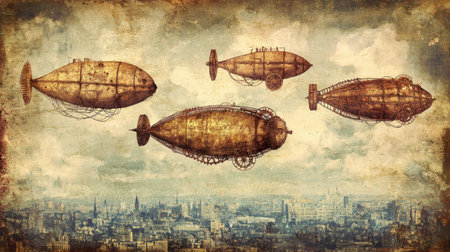 Collection of fantasy airships, steampunk balloons hovering over an industrial city.の素材