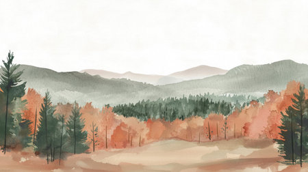 Elegant autumn watercolor painting of a mountain valley with evergreen trees, soft hues of orange and brown in a dreamy landscape.の素材