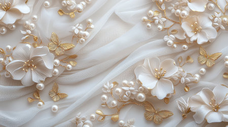 Elegant wedding wallpaper featuring soft floral patterns, scattered pearls, and intricate gold butterflies, dreamy romantic decor.の素材