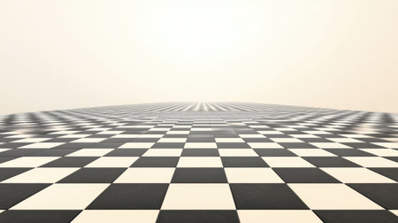 Endless black-and-white checkered floor stretching into the distance, creating a hypnotic vanishing point in a surreal perspective.の素材