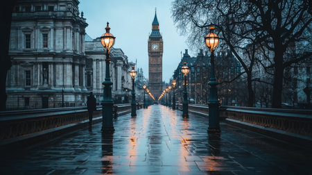 Gothic London cityscape in the rain, mysterious and moody Victorian-era street illuminated by warm lanterns.の素材