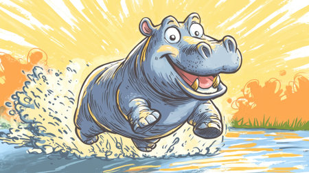 Happy running hippopotamus, cartoon-style with bold outlines, exaggerated speed lines, and a joyful expression, perfect for children books.の素材