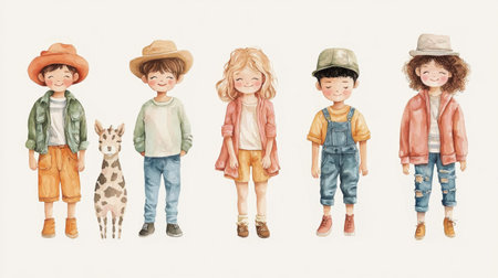 Hand-drawn watercolor illustration of a set of playful kids, each with distinct hairstyles and outfits, isolated on a light background.の素材
