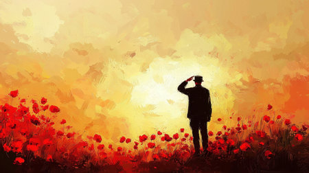 Moving digital painting of a veteran saluting, surrounded by red poppies and a warm golden sunset.の素材