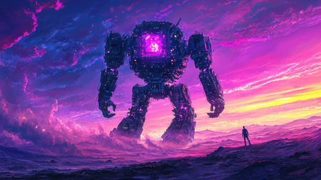 Mysterious encounter between a stranded traveler and a giant robot, glowing lights in the desert dusk.の素材