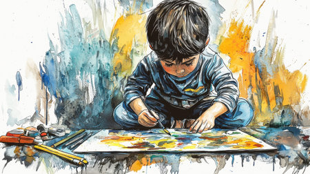 Little boy immersed in painting, watercolor illustration with a dreamy artistic touch, warm and cozy scene.の素材