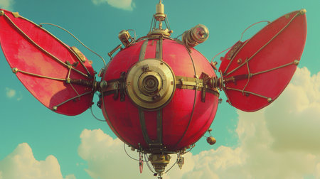 Retro-futuristic air balloon with mechanical wings, floating in a dreamy sky.の素材
