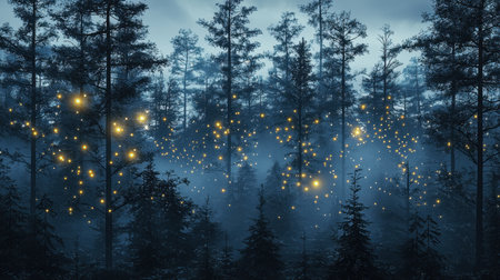 Serene magical forest glowing with golden fireflies, mystical trees wrapped in soft mist, enchanting digital artwork.の素材
