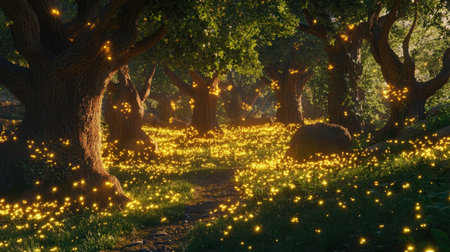 Mystical night forest where countless yellow fireflies light up the shadows, surrounded by towering ancient trees.の素材
