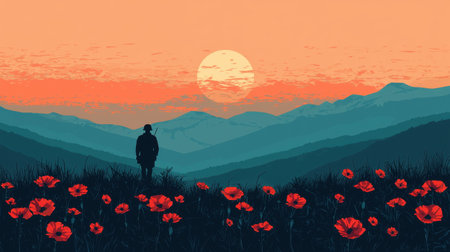 Minimalist illustration of a poppy field with a lone soldier in the distance, solemn and emotional.の素材