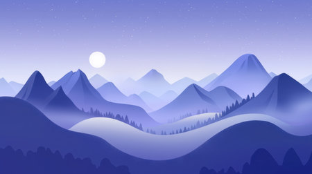 Soft glowing cartoon mountains under a dreamy purple sky, mist rolling over the hills in a peaceful night backdrop.の素材