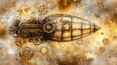 Vintage steampunk airship balloon with gears and brass pipes, floating in a golden sky.の素材