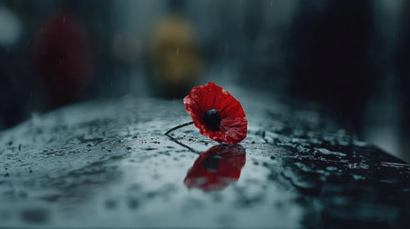 Symbolic Remembrance Day art with a single red poppy on a war memorial, simple and powerful.の素材