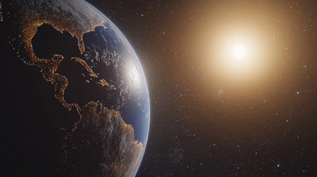 Space scene featuring Earth and the Sun, with solar flares bursting from the surface, illuminating the plane curvature.の素材