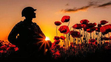 Soldier silhouette fading into a field of poppies, artistic and symbolic of memory and sacrifice.の素材