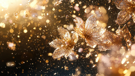 Square digital artwork of golden and pink blossoms over a sleek black background, modern and luxurious.の素材