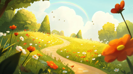 Sunny cartoon meadow bursting with wildflowers, a winding path leading to a magical rainbow in the sky.の素材