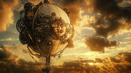 Vintage steampunk airship balloon with gears and brass pipes, floating in a golden sky.の素材