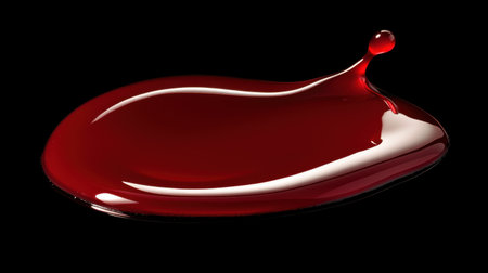A captivating glossy red liquid droplet on a stark black background, emphasizing fluidity and elegance, perfect for artistic and creative projects.の素材