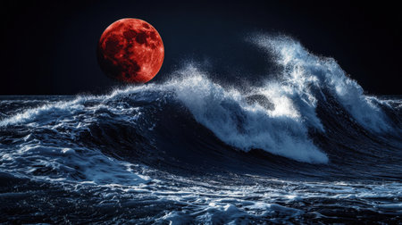 Stunning scene of powerful ocean waves illuminated by a blood moon in a dark sky, perfect for capturing the beauty of nature and fantasy.の素材