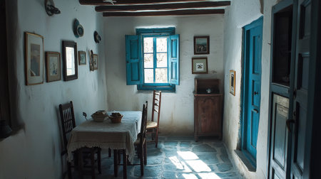 Explore a serene interior capturing the essence of traditional design with blue shutters, stone floor, and wooden furniture creating a cozy atmosphere.の素材