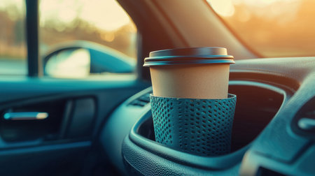 A cozy scene featuring a warm coffee cup nestled in a car's cup holder, basking in the glow of a sunny morning drive.の素材
