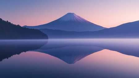 Breathtaking view of Mount Fuji at dawn reflecting in a tranquil lake, surrounded by lush forests under a soft pastel sky.の素材