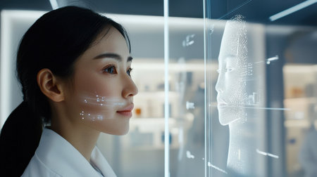 A focused female scientist examines a holographic digital display showing an AI human-like model in a modern laboratory setting.の素材