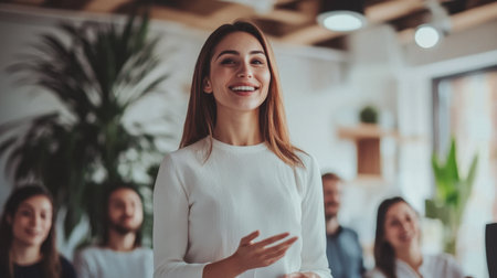 Young woman confidently presents to an engaged audience in a modern office space, creating a motivating atmosphere for learning and collaboration.の素材