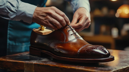 Skilled artisan adjusts laces on a finely crafted leather shoe in a workshop setting, showcasing precision and attention to detail in shoe crafting.の素材
