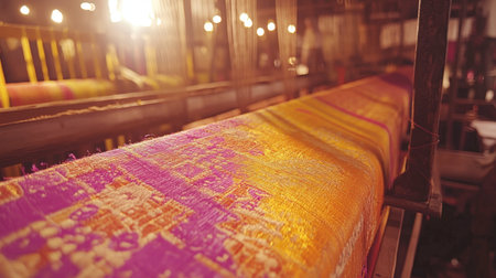 Experience the mesmerizing textile weaving process in a vibrant artisan workshop, where colors and craftsmanship come together in a warm glow.の素材