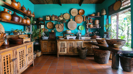 A charming rustic kitchen featuring wooden furniture, handcrafted accessories, and a vibrant green backdrop that creates a warm and inviting atmosphere.の素材