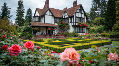 An enchanting English manor house is set amidst a stunning rose garden, showcasing vibrant flowers and immaculate hedges. Ideal for nature lovers.の素材