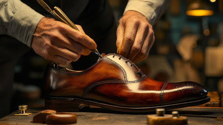 A skilled artisan meticulously crafts a stunning leather shoe, showcasing the dedication and attention to detail in the shoemaking process.の素材