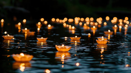 A tranquil scene featuring floating lotus flowers illuminated by candles on still water, creating a serene and reflective atmosphere at night.の素材