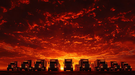 A striking silhouette of trucks lined up against a vibrant sunset, showcasing rich colors and dramatic cloud formations on the horizon.の素材