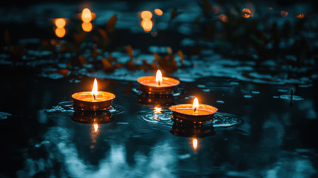 A serene night scene featuring floating candles on calm water, with subtle glowing reflections and gentle raindrops, creating a peaceful atmosphere.の素材