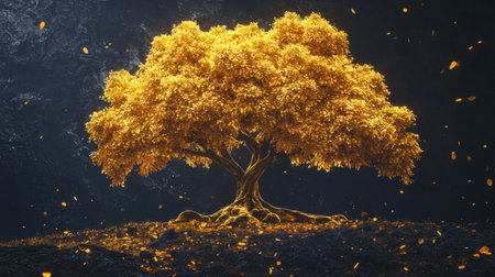 A stunning golden tree stands solitary in a dark, mysterious landscape, surrounded by glowing leaves, evoking a magical and serene atmosphere.の素材