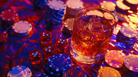 A close-up view of a glamorous casino setup featuring colorful chips, dice, and a glass of whiskey filled with ice, creating an inviting game night vibe.の素材