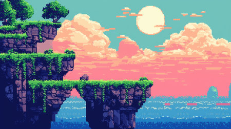 A stunning pixel art landscape featuring cliffs, a vibrant sunset, and calm ocean waters, perfect for evoking peaceful scenarios and retro game vibes.の素材