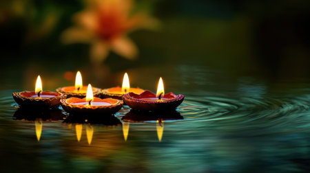 A serene scene featuring floating candles on a water surface, creating a peaceful ambiance with soft reflections and a blurred floral background.の素材