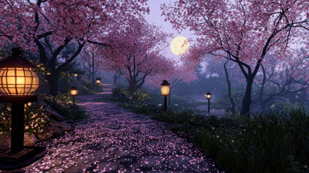 A picturesque pathway lined with blooming cherry blossoms, illuminated by soft lantern light under a serene full moon.の素材