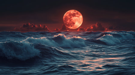 Captivating image of a tranquil ocean scene at night featuring a large glowing moon, dynamic waves, and moody clouds.の素材