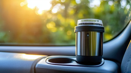 A sleek steel travel mug sits in a car cup holder, illuminated by soft sunlight, surrounded by a tranquil natural backdrop, perfect for daily commuters.の素材