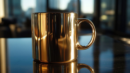 A stunning golden coffee mug shines brightly against a glossy surface, reflecting light beautifully in a modern interior setting, perfect for lifestyle imagery.の素材