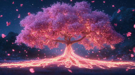 Stunning cherry blossom tree with glowing roots and gentle petals in a mystical night setting. A captivating blend of nature and fantasy.の素材